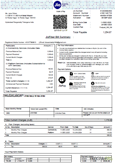 India Jio Digital Life utility bill template in Word and PDF formats, version 4